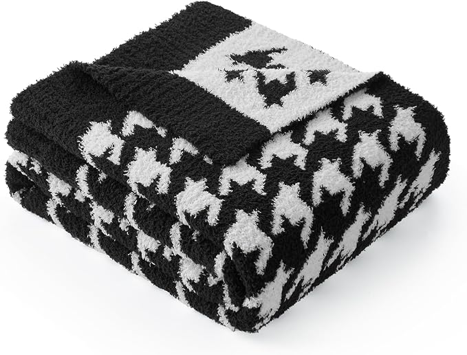 Snuggle Sac Houndstooth Throw Blanket for Couch, Reversible Super Soft Warm Blankets Cozy Knit Fuzzy Plush Lightweight Throws for Sofa, Bed, Camping, Black,50x60 inches