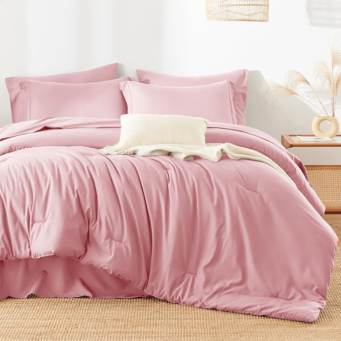 HIMEET Queen Comforter Set, 7-Piece Point-Quilted Bed in a Bag Pink | OEKO-TEX Certified, Lightweight 240 GSM Comforter, Flat Sheet, 14-Inch Deep-Pocket Fitted Sheet, Pillowcases & Shams