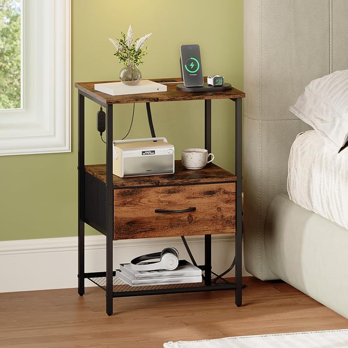 Somdot Nightstand with Charging Station & LED Light, Bedroom Bedside Table | Dorm, Guest Room, Kids Room, Laundry, Closet, Entryway and Hallway, Brown