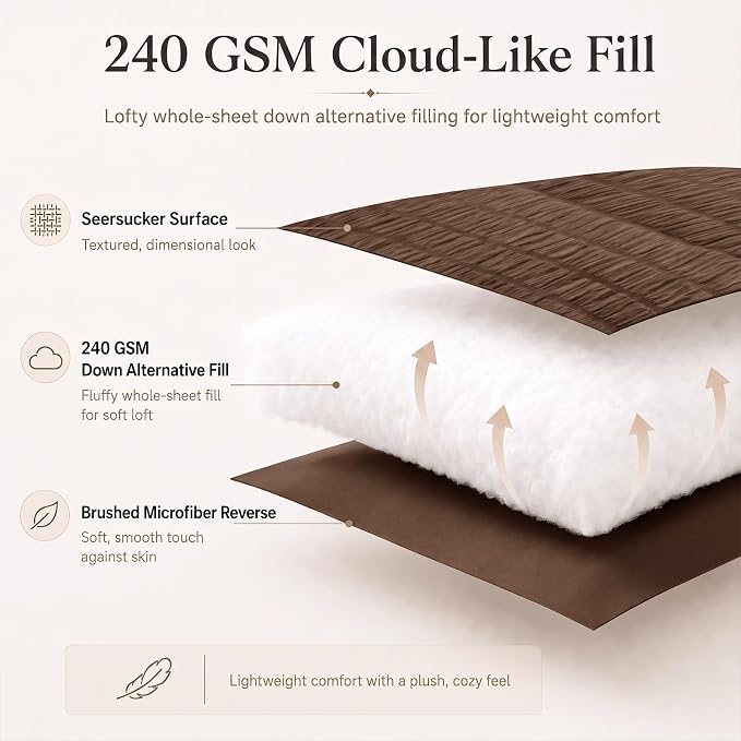 Twin Comforter Set, 5 Pieces Brown Seersucker Bed in a Bag | OEKO-TEX Certified, All Season Bedding Sets with 240 GSM Down Alternative Comforter, Flat & Fitted Sheets, Pillowcase & Sham
