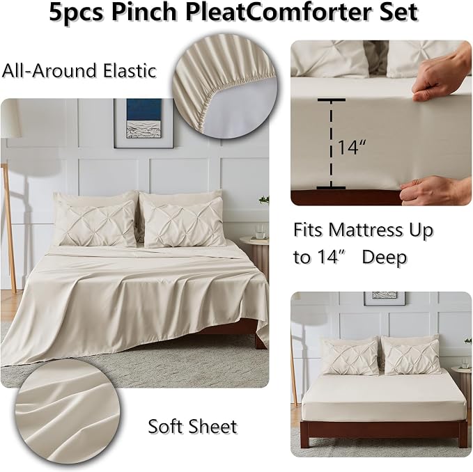 HIMEET Twin XL Comforter Set Beige - 5 Pieces Pintuck Bed in a Bag | OEKO-TEX Certified, 240GSM Down Alternative Comforter, 14" Deep Pocket Fitted Sheet + Flat Sheet + 1 Pillowcase + 1 Sham