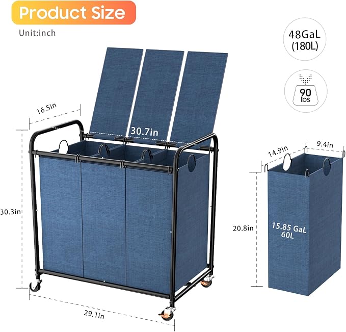 180L Laundry Sorter 3 Section, Rolling Laundry Basket with Wheels and Lid | 47.55 Gal Laundry Hamper, 3 Separated Removable Bags, Lockable Wheels, Dirty Clothes Hamper for Laundry Room Organizer, Blue