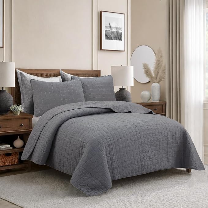 Cozy Line Home Fashions 100% Cotton Quilt Set – 3-Piece Charcoal Gray Solid Classic Modern Geometric Quilted Bedspread with Shams, Lightweight All Season Modern Bedding (Box Gray, King)