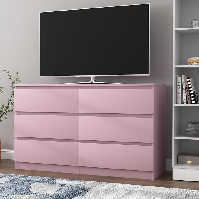Vibe & Dine 6 Drawer Double Dresser, Modern Chest of Drawers with Wide Storage for Closet, Bedroom, Living Room, Pink