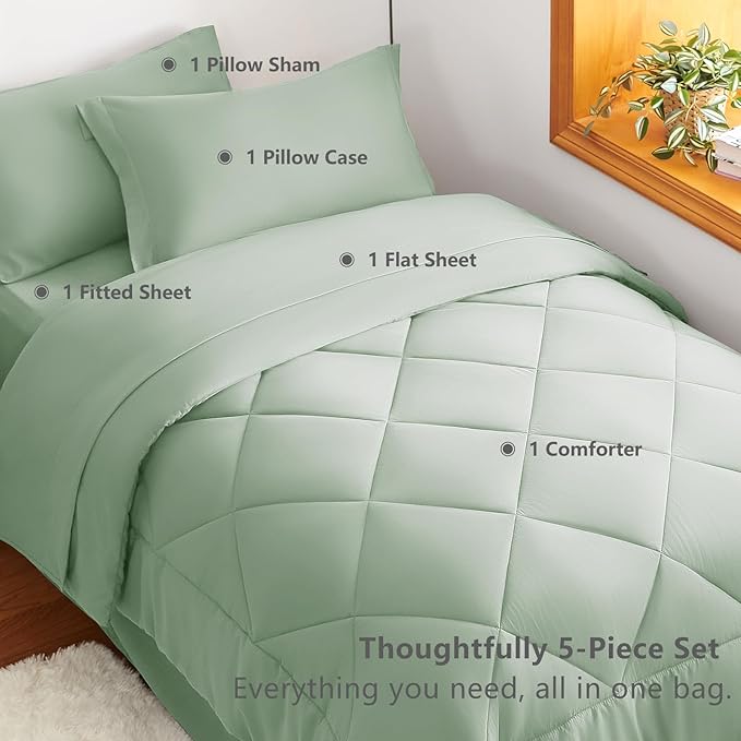 Twin Comforter Set with Sheets Sage Green - 5 Pieces Bed in a Bag | OEKO-TEX Certified, All Season, Teen, Single, Dorm, 240GSM Down-Alternative Comforter, Sheets, Pillowcase & Sham, Easy Care