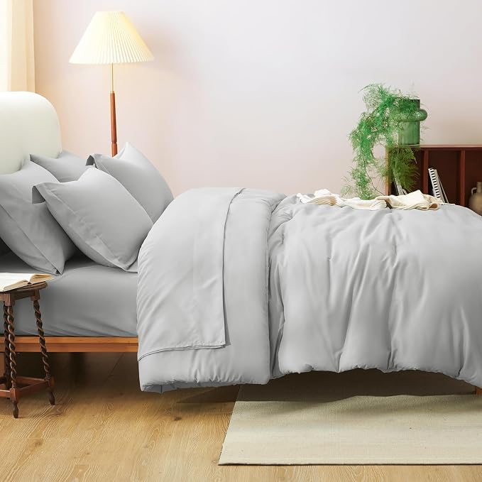 Queen Comforter Set Light Grey, 7 Pieces Bed in a Bag | OEKO-TEX Certified, All-Season, Bedroom, 240GSM Down Alternative Comforter, Flat & Fitted Sheets, 2 Pillowcases & 2 Shams