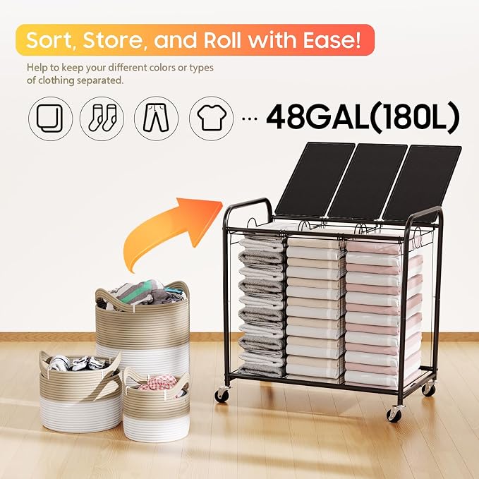 180L Laundry Sorter 3 Section, Rolling Laundry Basket with Wheels and Lid | 47.55 Gal Laundry Hamper, 3 Separated Removable Bags, Lockable Wheels, Dirty Clothes Hamper for Laundry Room Organizer, Black