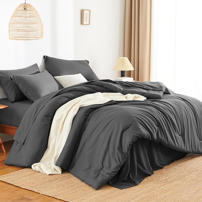 HIMEET Oversized Queen Comforter Sets, 7-Piece Point-Quilted, Dark Grey | OEKO-TEX Certified, Lightweight 240 GSM Comforter, Flat Sheet, 14-Inch Deep-Pocket Fitted Sheet, Pillowcases & Shams