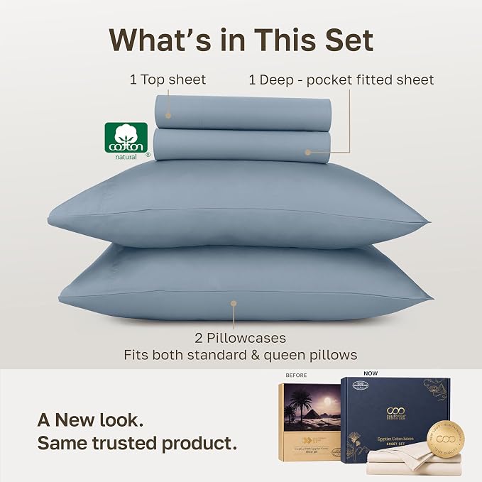 California Design Den 100% Egyptian Cotton Bed Sheets Queen Size Set | Backed by Good Housekeeping Seal, Light & Airy Soft Sateen, 16" Deep Pocket, All-Around Elastic, 4pc Set - Blue Hydrangea