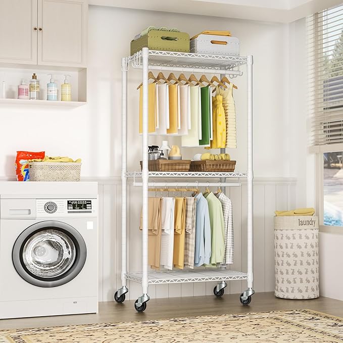 FUTASSI Rolling Clothes Rack, Clothing Racks for Hanging Clothes, White | P3 Mini Heavy Duty Garment Rack with Wheels, Freestanding Portable Closet Racks 23.6'' W x 14'' D x 78.5'' H, Max Load 430Lbs