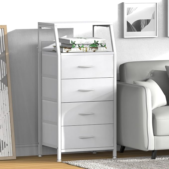 4 Drawers Small Fabric Dresser for Bedroom, Tall Dorm Nightstand | Vertical Storage Tower Closet Organizer, Skinny Narrow Bedside Table for Entryway, Steel Frame, Wooden Top