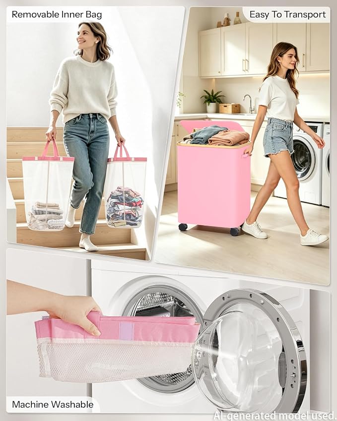 Double Laundry Basket with Wheels and Lid, 150L Clothes Hampers for Laundry | Large Laundry Hamper with 2 Sections & Removable Liner Bags, Rolling Dirty Clothes Basket for Bedroom Bathroom Dorm College