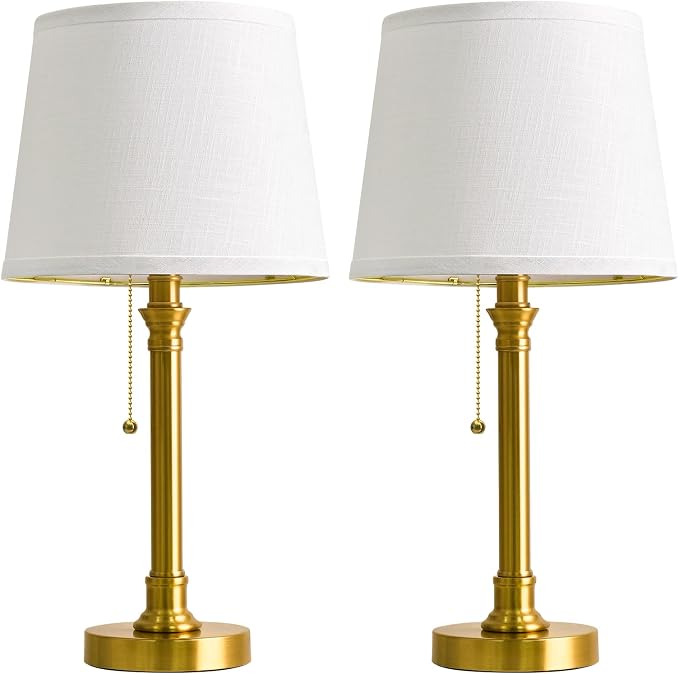 19.5" Small Table Lamp for Bedroom, Modern Brass Gold Lamp, USB A+C | Pull Chain Switch Bedside Table Lamps, White Shade, Small Nightstand Lamps for Living Room End Table & Desk Light