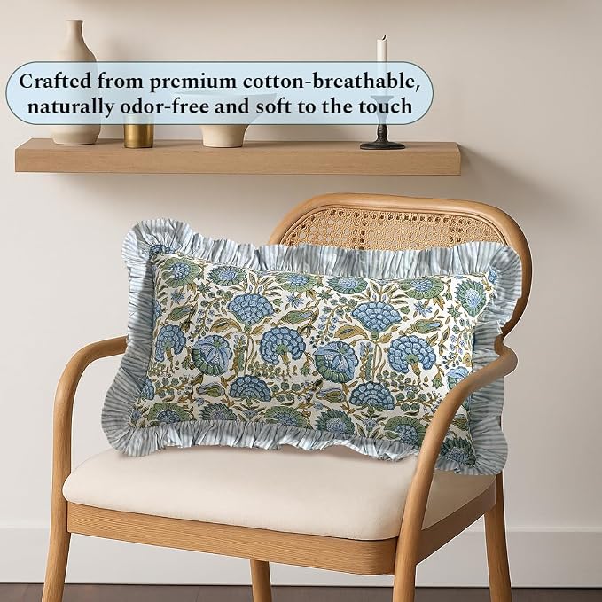 Ridhi Block Print Asparagus Green Ruffle Lumbar Pillow Shams, 20" x 12" | 100% cotton, Floral Pillowcase, Cushion Cover, Hidden Zipper, Cottagecore Bedding, farmhouse boho style, fits couch, sofa,Bed