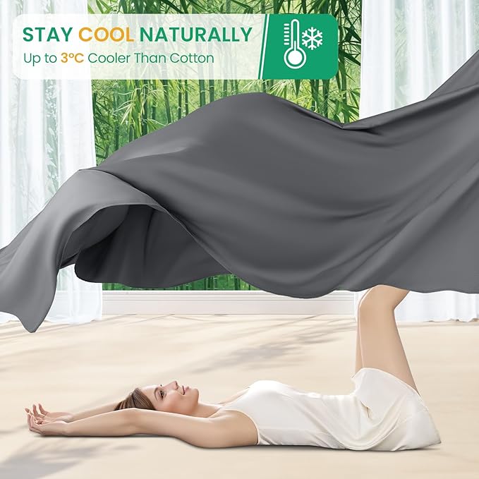 SONORO KATE 100% Viscose Derived from Bamboo_Sheets Cal King Size,4PC | Cooling Bed Sheets for Hot Sleepers,Soft Breathable & Silky,16" Deep Pocket,Luxury Hotel Bedding,Dark Grey