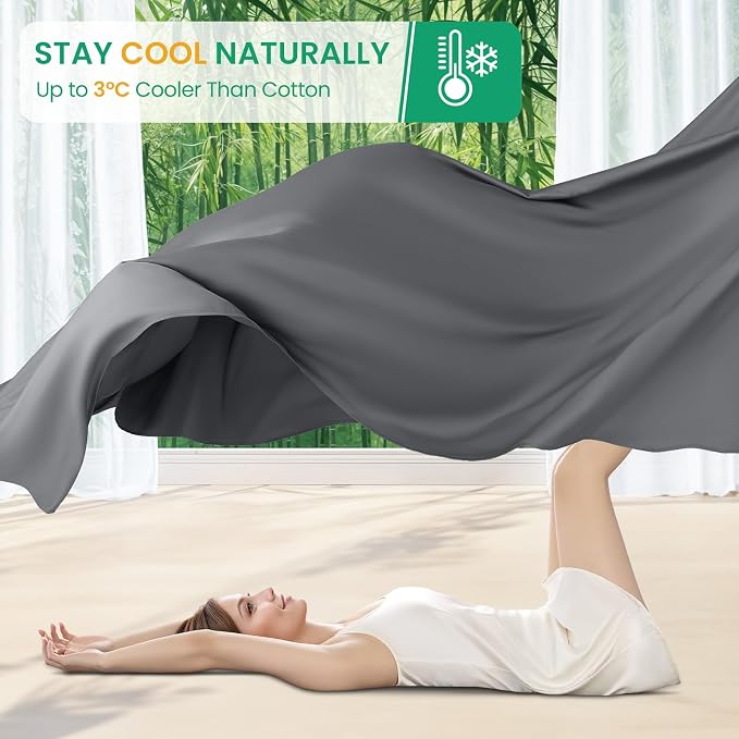 SONORO KATE 100% Viscose Derived from Bamboo_Sheets Queen Size,4PC | Cooling Bed Sheets for Hot Sleepers,Soft Breathable & Silky,16" Deep Pocket,Luxury Hotel Bedding,Dark Grey