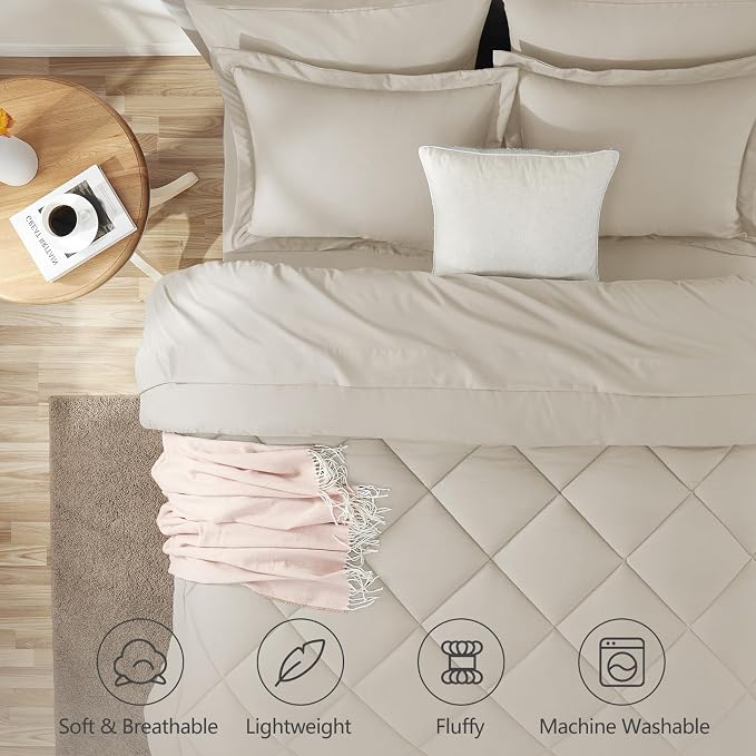 Queen Comforter Set with Sheets Beige - 7 Pieces Bed in a Bag | OEKO-TEX Certified, All Season, 240GSM Down-Alternative Comforter, Sheets, Pillowcases & Shams, 14" Deep Pocket, Easy Care
