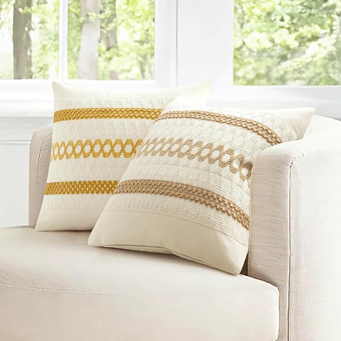 MIULEE Set of 2 Neutral Boho Decorative Pillow Covers 18x18 Inch | Farmhouse Couch Throw Pillows, Modern Spring Cotton Cushion Covers, Macrame Woven Home Decor for Bed Sofa Chair