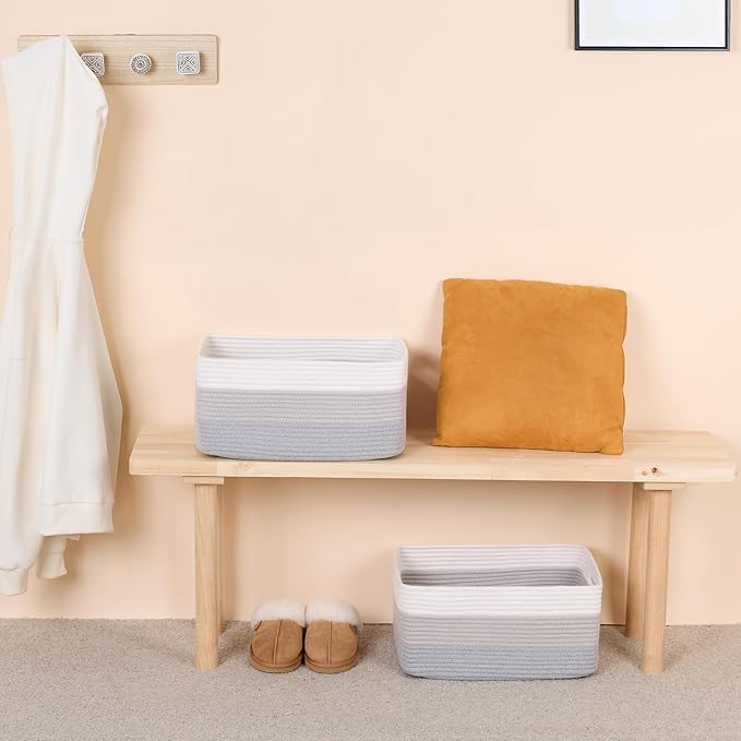 MiniArk Large Storage Baskets for Shelves, 17 x 13 x 7.5” Closet Organizers Bins for Clothes Blanket Towels, Baby Nursery, Toy Baskets Box, Woven Rope Baskets, 2 Packs Gradient Grey