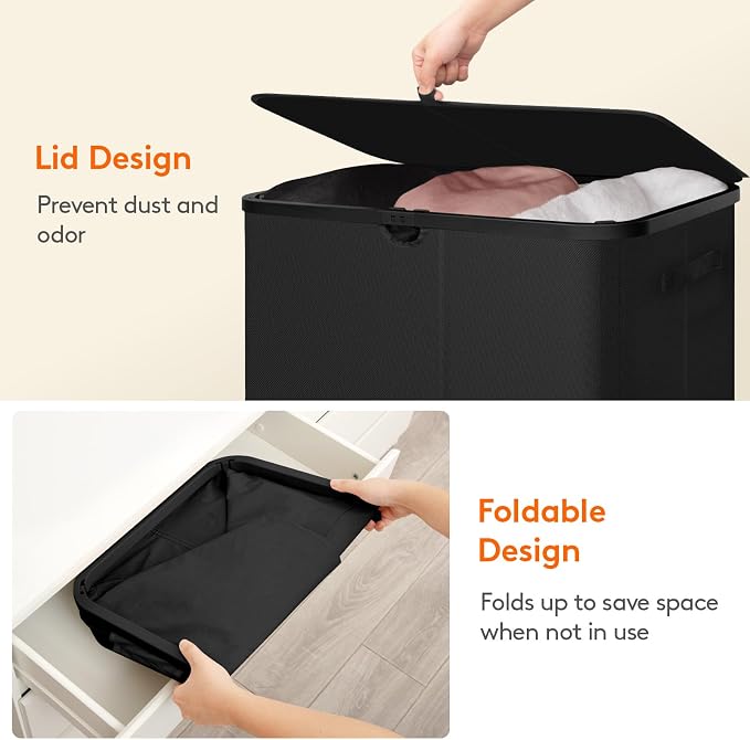 Lifewit 185L 3 Section Laundry Hamper with Lid, Laundry Basket, Black | Large Foldable Laundry Sorter with 3 Removable Bags, Tall Clothes Hamper for Bedroom and Bathroom