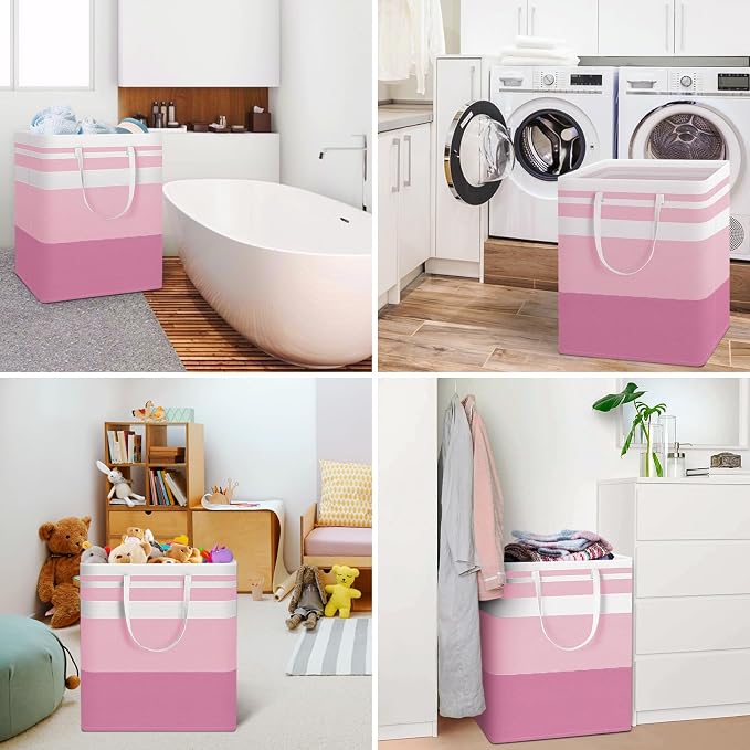HomeHacks 2 Pack Laundry Baskets, Laundry Hampers Bags (Grey+Pink 100L) | Waterproof, Freestanding, Collapsible Clothes Hamper with Reinforced Handles in Laundry Room, Dorm, Bathroom, Bedroom