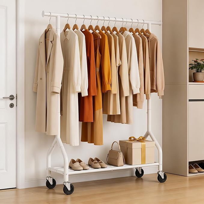 Rolling Clothes Rack with Shelf, Garment Rack Load 210Lbs, White | Sturdy Bottom Shelf, Lockable Wheels, Heavy Duty, Freestanding Rack, for Bedroom, Laundry, Small Spaces