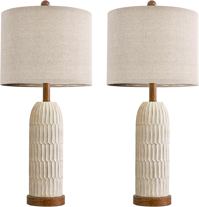 OYEARS 26.5" Bedside Table Lamps Set of 2, Farmhouse Table Lamp with USB A+C Charging Ports,Vintage Nightstand Lamp for Bedrooms and Living Rooms, Retro Resin End Table Lamp with Linen Shade, Brown