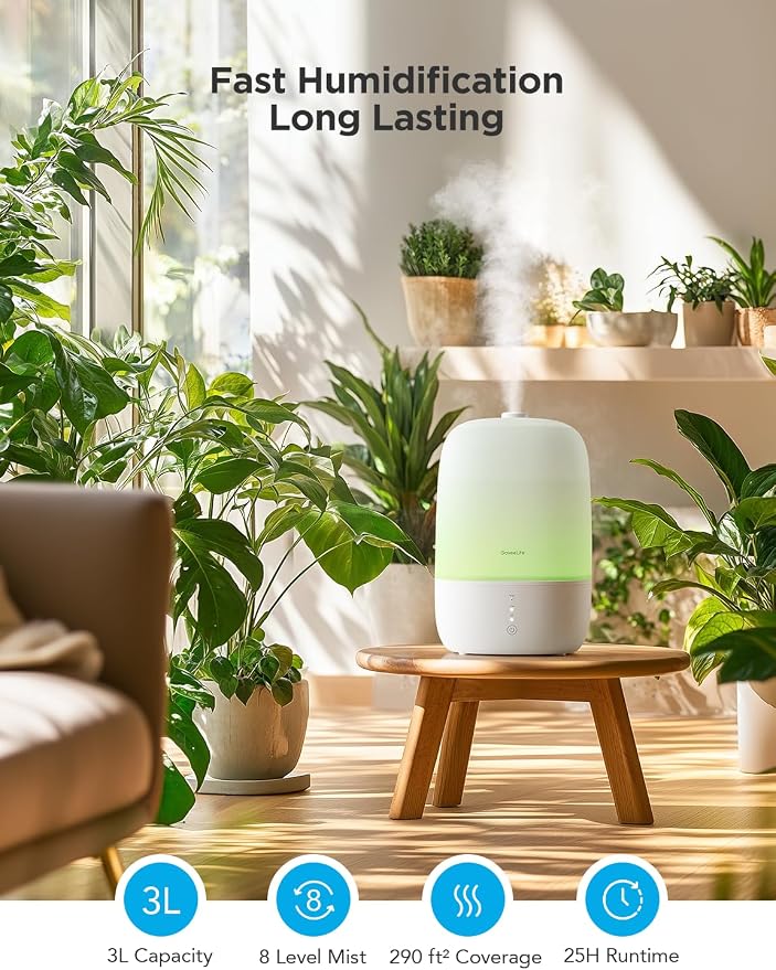 GoveeLife Smart Humidifiers for Bedroom, 3L Top Fill Cool Mist Humidifier | 24dB Quiet Runtime, Humidity Control, Easy to Clean, 25H Lasting, RGB Night Light for Baby, Plants, Works with Alexa