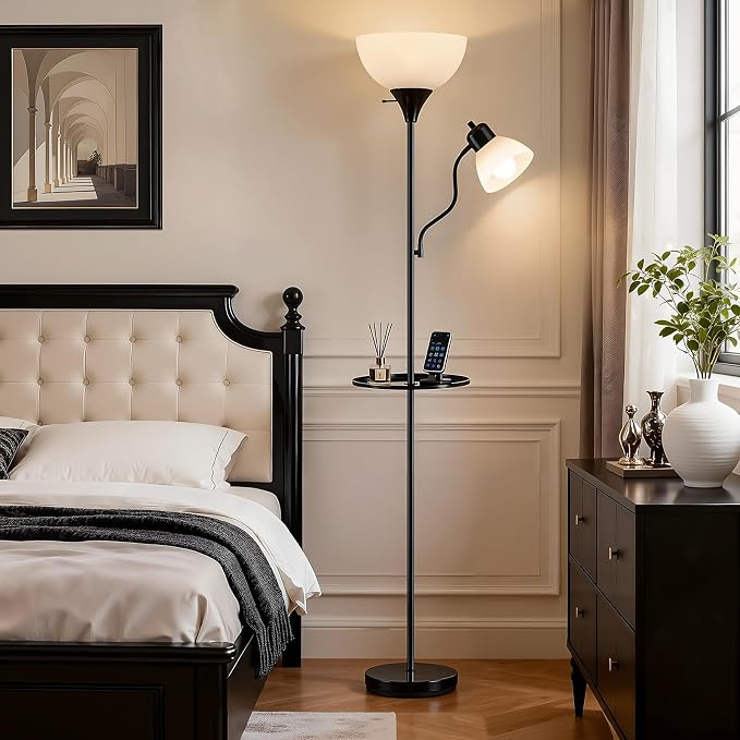 72" Floor Lamp with Table, Adjustable Reading Lights,Torchiere Floor Lamps | Modern for Living Room, Bedroom, Office,Black【Bulb not included】