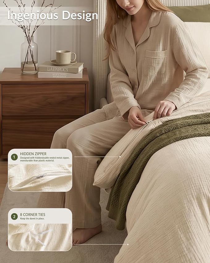SE SOFTEXLY Muslin Duvet Cover California King Size, 100% Washed Cotton Duvet Cover Set, Ultra Soft Comforter Cover Linen Like, 3 Pieces Gauze Duvet Cover with 2 Pillowcases, 98"x104", Off-White