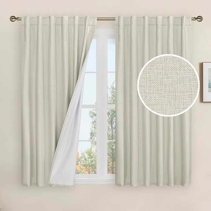 100% Blackout Linen Curtains 45 Inch Length for Bedroom 2 Panels | Stone, Linen Textured, Thermal Kitchen Curtains, Privacy Window Panels, Rod Pocket Back Tab, with White Liner, 52 x 45 Inch