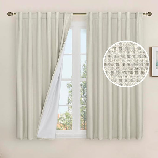 100% Blackout Linen Curtains 45 Inch Length for Bedroom 2 Panels | Stone, Linen Textured, Thermal Kitchen Curtains, Privacy Window Panels, Rod Pocket Back Tab, with White Liner, 52 x 45 Inch