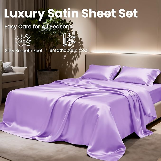Love's cabin Twin Satin Sheets Sets - 3 Piece Lavender Silky Bed Sheets with Deep Pockets, Luxury Silk Feel Satin Twin Size Sheet Set Bedding Set (1 Flat Sheet,1 Fitted Sheet,1 Pillow case)