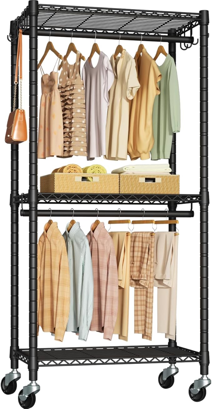 FUTASSI Rolling Clothes Rack, Clothing Racks for Hanging Clothes, Black | P3 Mini Heavy Duty Garment Rack with Wheels, Freestanding Portable Closet Racks 23.6'' W x 14'' D x 78.5'' H, Max Load 430Lbs