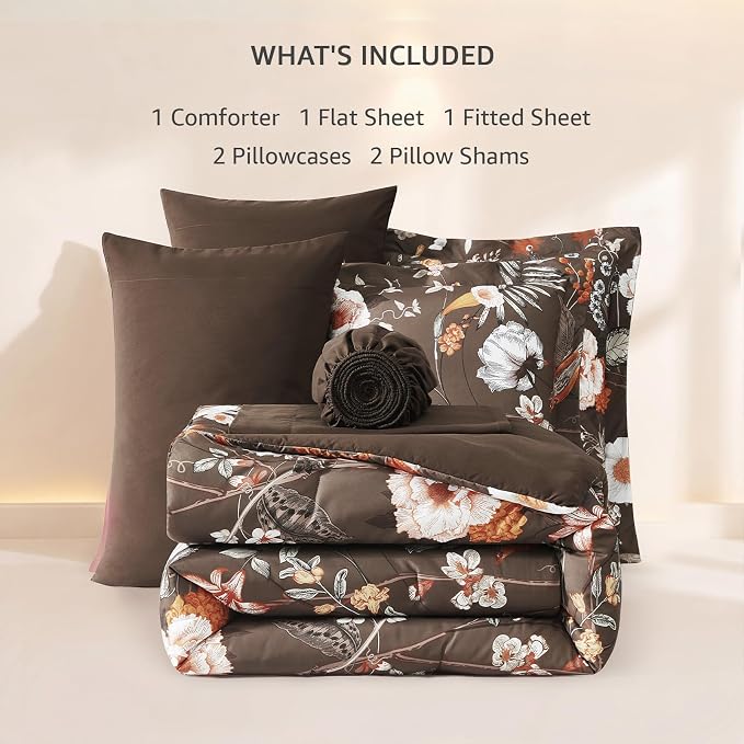 Full Size Comforter Sets - 7 Pieces Floral Bed in a Bag Full Bedding Set | Brown Botanical Flowers Comforter Set with Sheets, Pillowcases & Shams for All Seasons