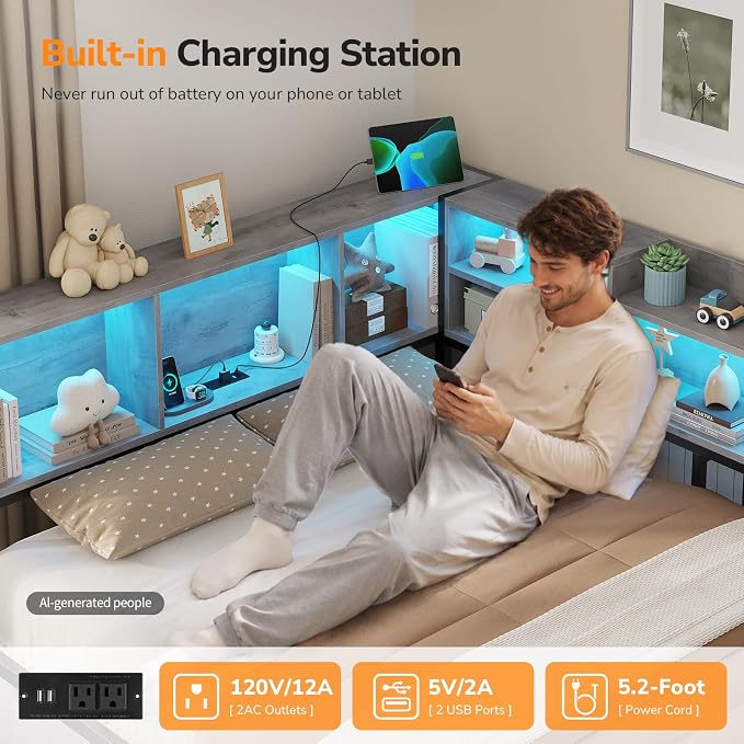 DICTAC Corner Queen Bed Frame with Storage Bookcase and 2 Drawers, Queen Size Corner Platform Bed Frame with LED Lights and Charging Station, Metal Daybed for Teens/Adult, Saving Space, Oak Gray