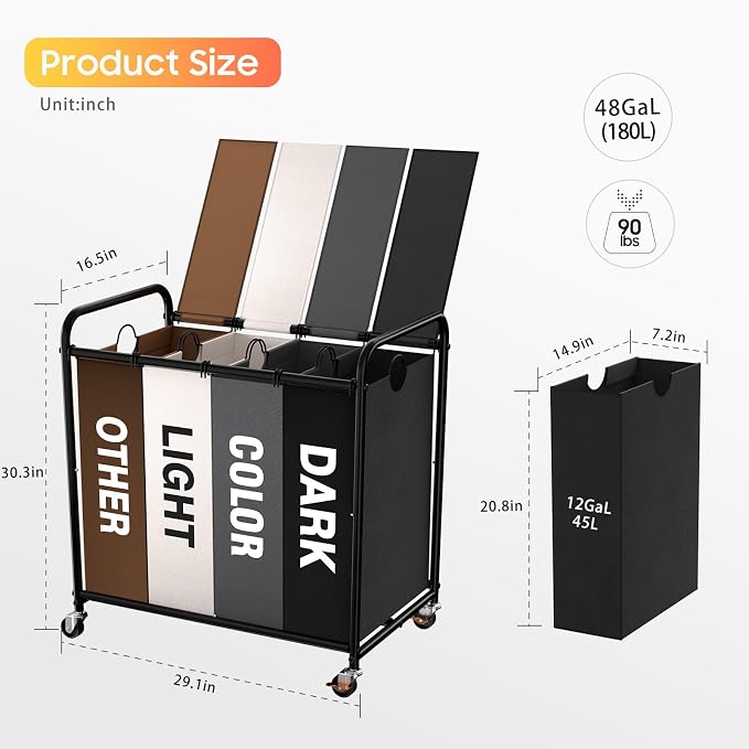 Laundry Sorter 4 Sections 48 Gal, Rolling Laundry Basket with Wheels ＆ Lid | Laundry Hamper, 4 Separated Removable Bags, Lockable Wheels, Dirty Clothes Hamper for Laundry Room Organizer, Multicolor