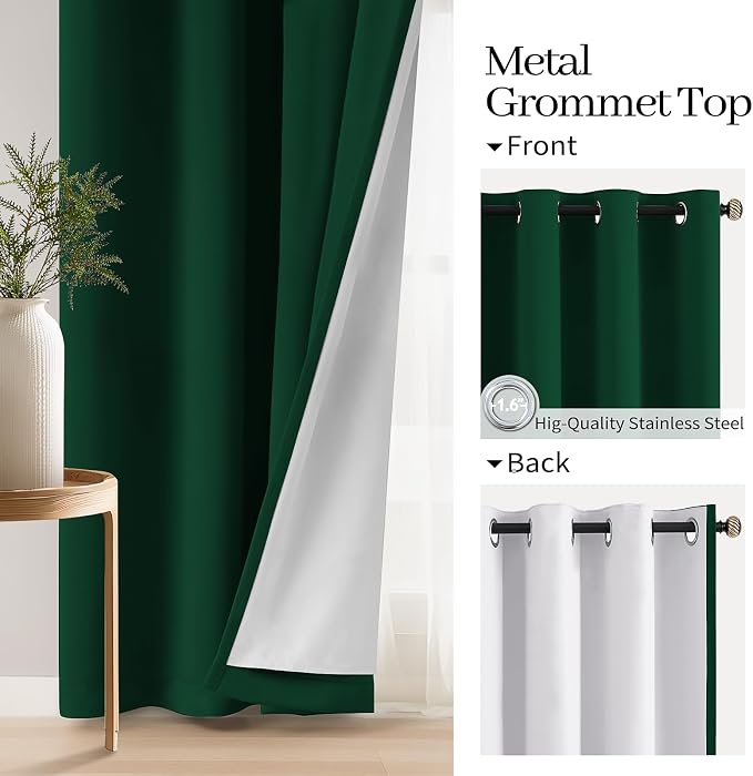 COSVIYA Drak Green 100% Blackout Curtains for Bedroom with White Back | 2 Thick Layers Full Room Darkening Thermal Insulated Curtain,Grommet Window Drapes for Living Room, 52x63 Inch, 2 Panels
