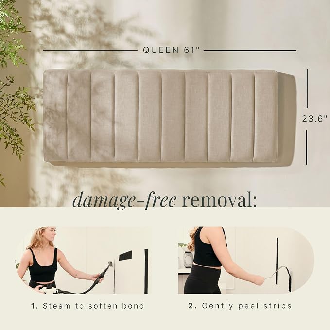 Nestl Upholstered Queen Headboard - Easy Assemble Channel Stitched Headboard Queen Size - Wall Mounted Headboards with 3D Soundproof Wall Panels Peel & Stick Floating Headboards, Beige