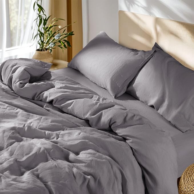 SONORO KATE 100% French Linen Full Duvet Cover Set,Zipper Closure,3PC | Natural French Flax,Soft Breathable for Hot Sleepers,Moisture Wicking & Durable,4 Corner Ties,Dark Grey
