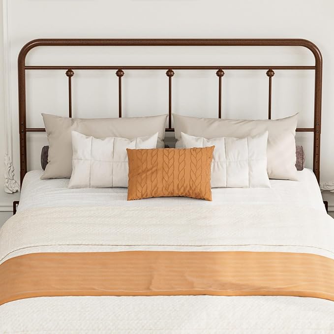Victorian Metal Queen Size Headboard, Adjustable Height, Brown | Sturdy Steel Queen Head Board Only for Bedroom, Bed Frame Brackets Adapter, Farmhouse Vintage Style, Easy Assembly