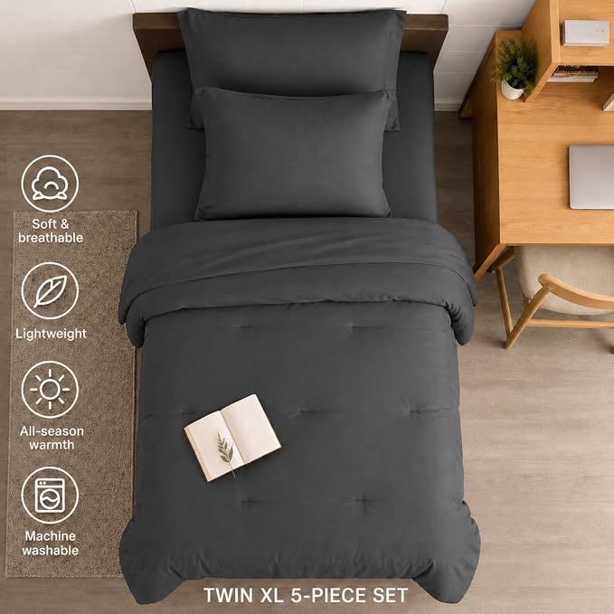 HIMEET Twin Comforter Sets, 5-Piece Point-Quilted Bed in a Bag, Dark Grey | OEKO-TEX Certified, Lightweight 240 GSM Comforter, Flat Sheet, 14-Inch Deep-Pocket Fitted Sheet, Pillowcase & Sham
