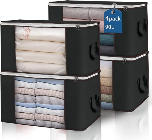 90L Large Storage Bags, 4 Pack Clothes Storage Bins Closet Organizers | Foldable Storage Containers, with Reinforced Handle, for Clothing, Blanket, Comforters, Bed Sheets, Pillows and Toys
