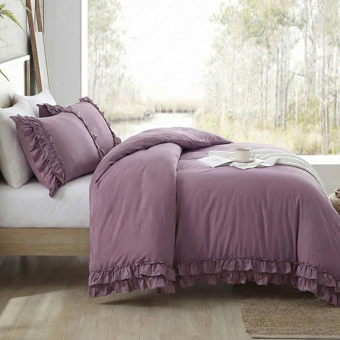 Bedorm Queen Duvet Cover Set Purple Ruffle Bedding Set Pleat Ruffled Shabby Chic Comforter Cover Extra Soft & Easy Care Farmhouse Boho Duvet Cover with Zipper Closure