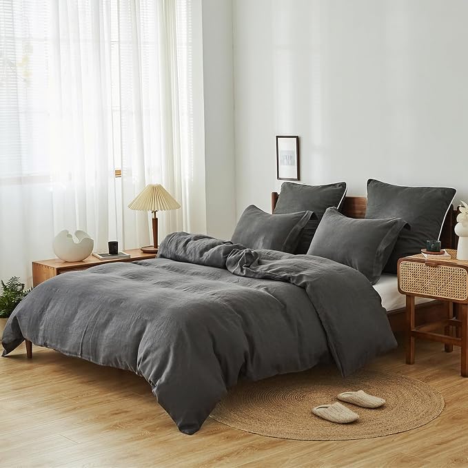 Simple&Opulence 100% Linen Duvet Cover Set 3pcs Basic Style Natural French Washed Flax Solid Color Soft Breathable Farmhouse Bedding with Button Closure - Dark Grey, Full