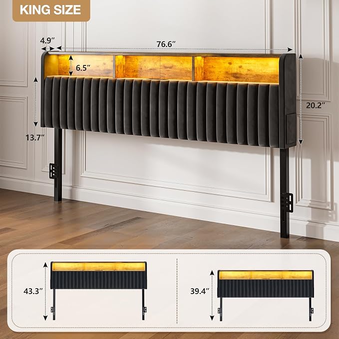 IKIFLY Velvet King Size Storage Headboard Only, Adjustable Height, Black | Upholstered Head Board with LED Lights & Charging Station, Easy Assembly, Modern Freestanding Headboard, Attach Frame