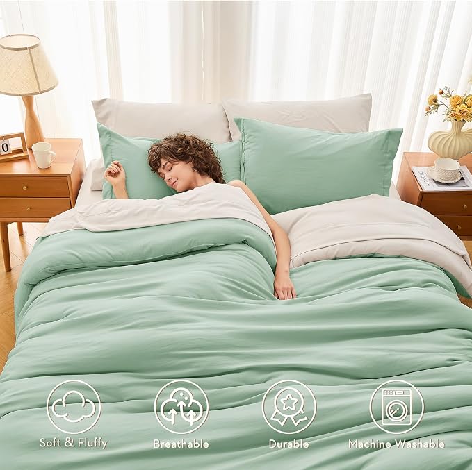 7 Pieces Queen Comforter Set, Soft Bed in a Bag Queen Size, All Season Bedding Set with Comforter, Flat Sheet, Fitted Sheet, Pillowcases & Shams, Sage Green & Beige