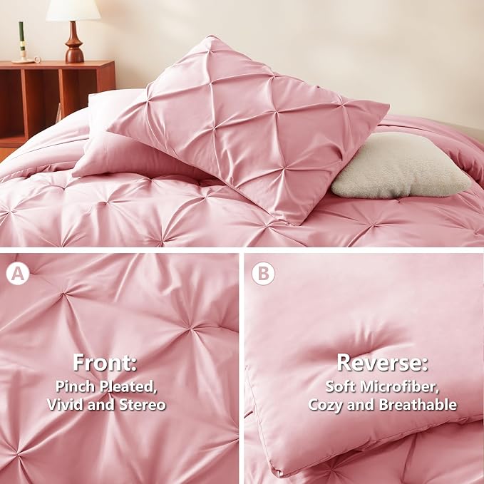 HIMEET Full Size Comforter Set Pink - 7 Pieces Pintuck Bed in a Bag | OEKO-TEX Certified, 240GSM Down Alternative Comforter, 14" Deep Pocket Fitted Sheet + Flat Sheet + 2 Pillowcases + 2 Shams