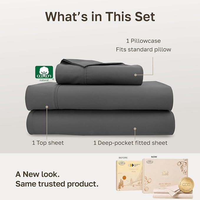 California Design Den 100% Cotton Sateen 3 Pc Twin XL Sheet Set, Grey | 400 Thread Count Backed by Good Housekeeping Seal, All-Around Elastic, Durable, Easy Care, OEKO-TEX certified