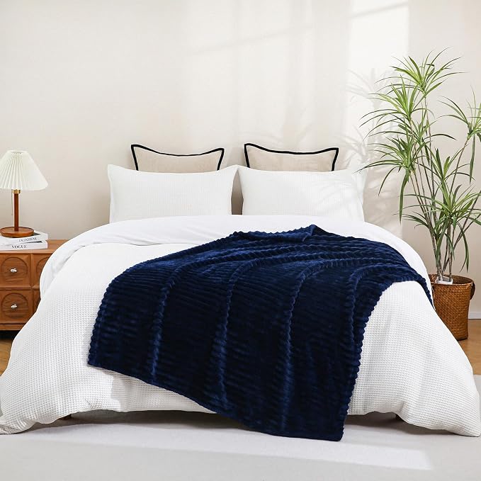 Navy Blue Fleece Throw Blanket 60”×80” for Couch Sofa Livingroom | Super Soft Cozy Plush Microfiber Flannel Bed Blanket Striped Design Lightweight Home Decor Gifts for Adults Mom Women